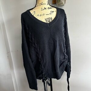 Lane Bryant sweater chunky knit v neck straps and braids detail navy coastal‎